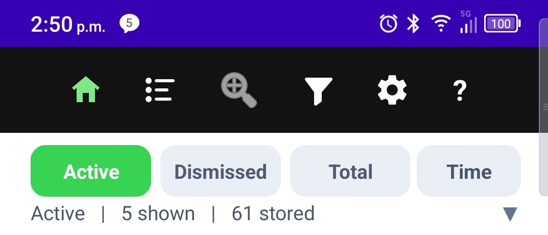 NotiVault dashboard: icon navigation row, Active Dismissed Total and Time sort, and scope counts