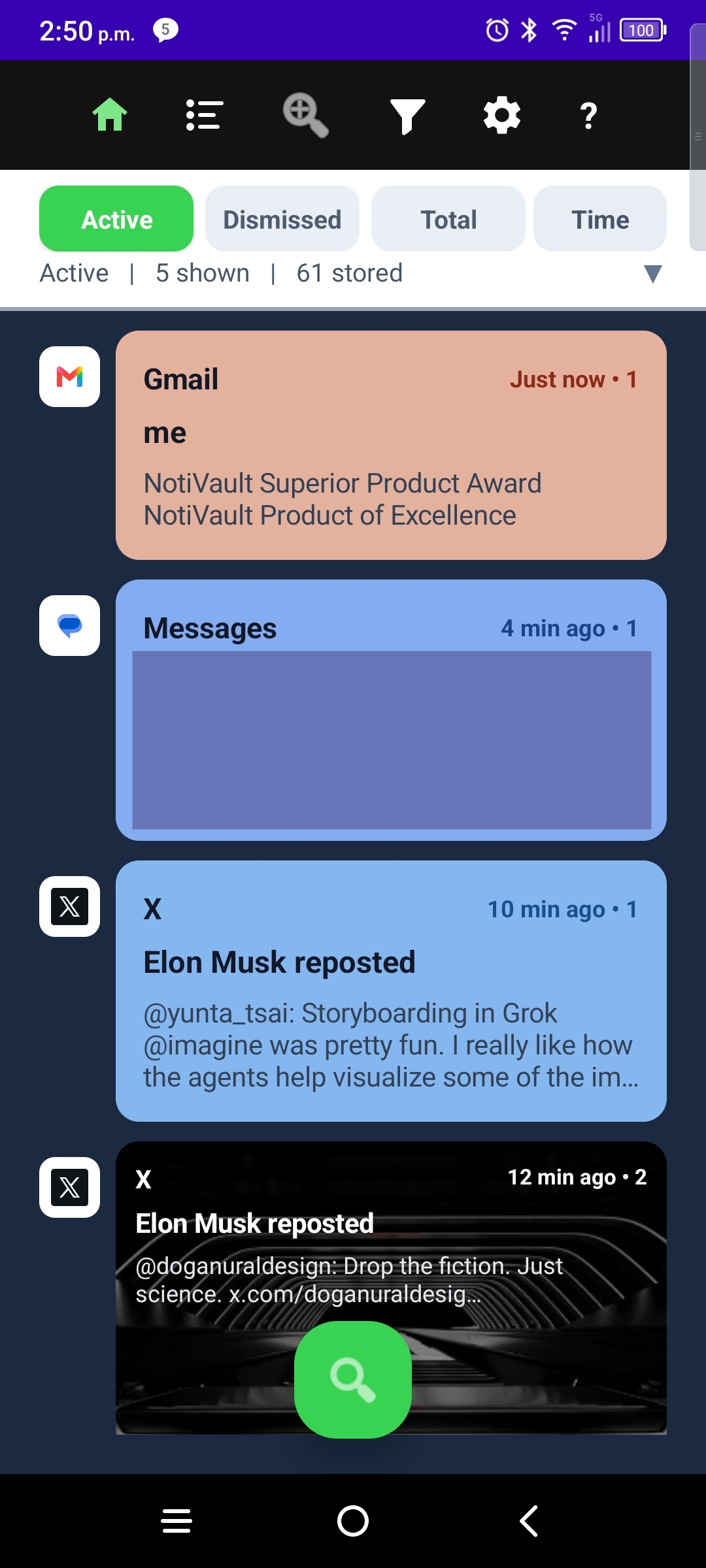 NotiVault home screen showing the three-row dashboard header above grouped notices