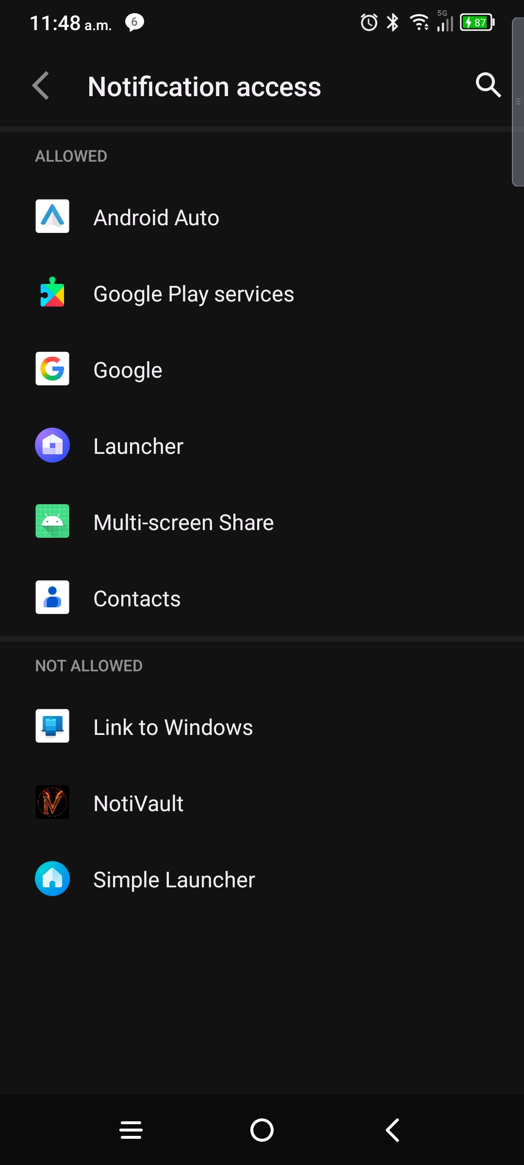 Android notification access app list