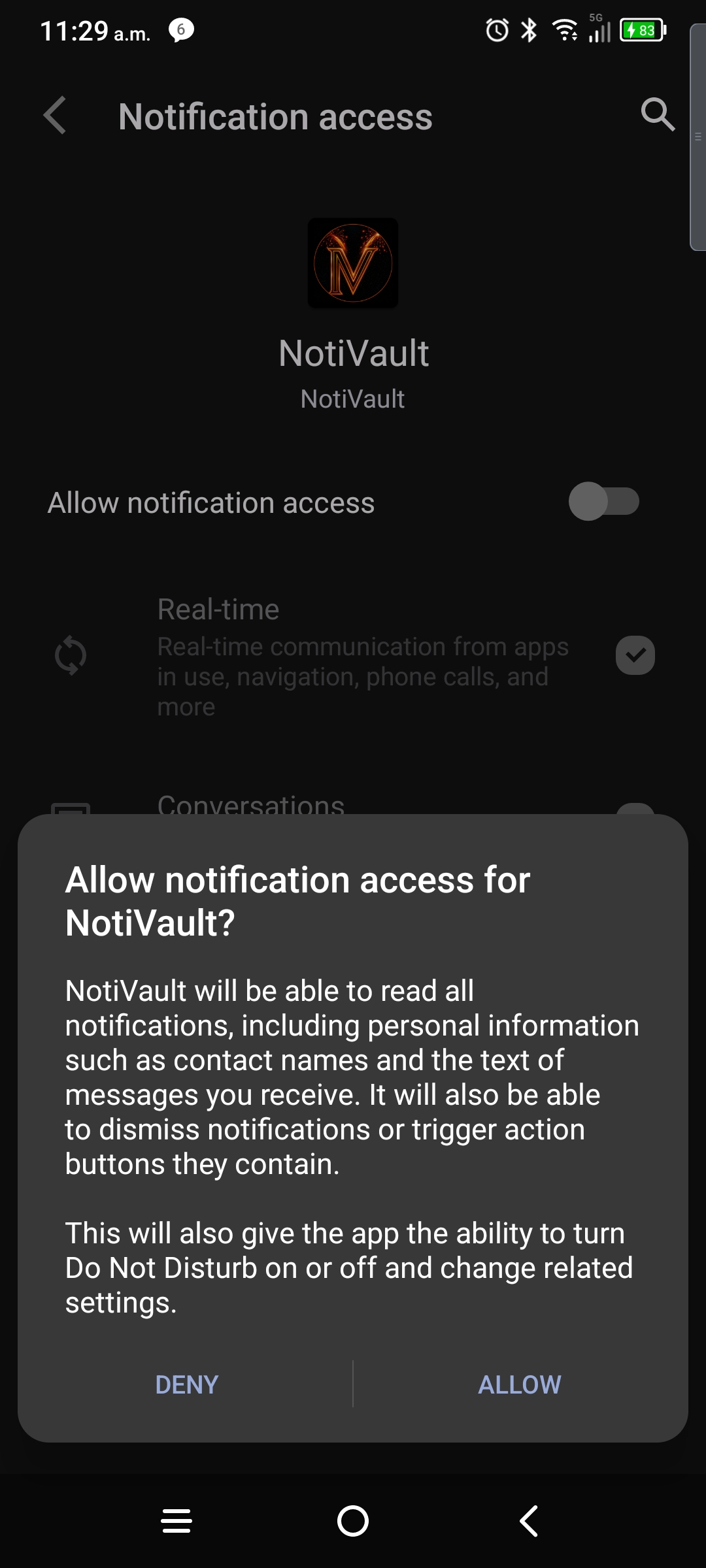 Allow notification access for NotiVault