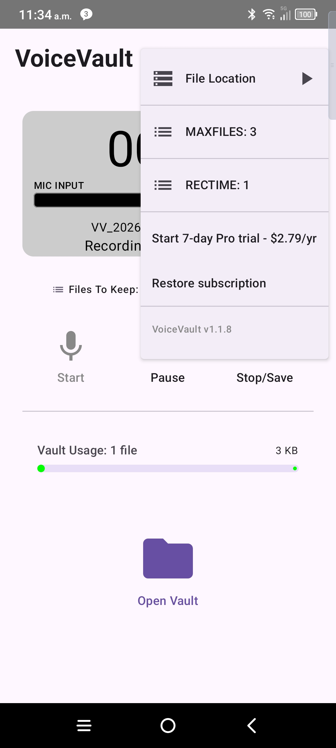 VoiceVault settings menu