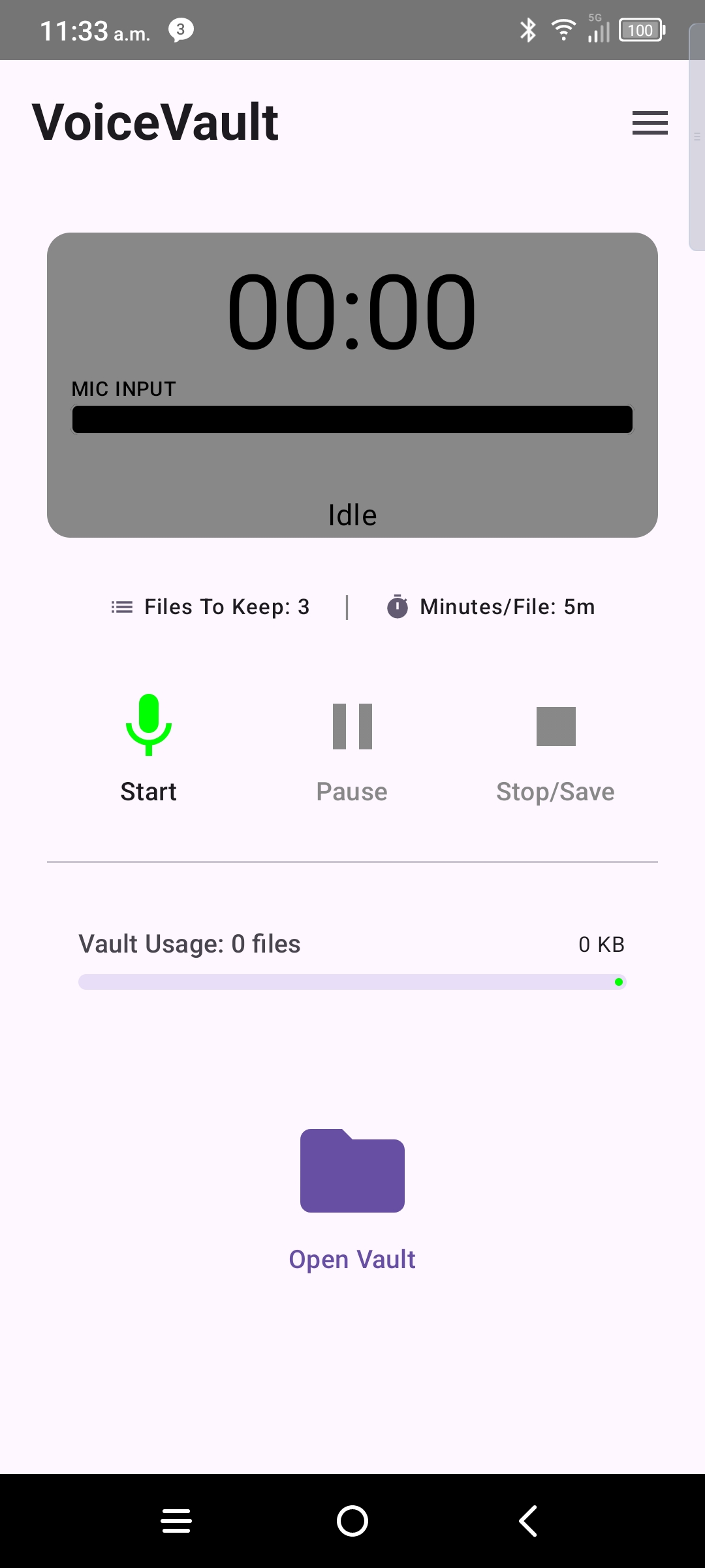 VoiceVault home recording screen