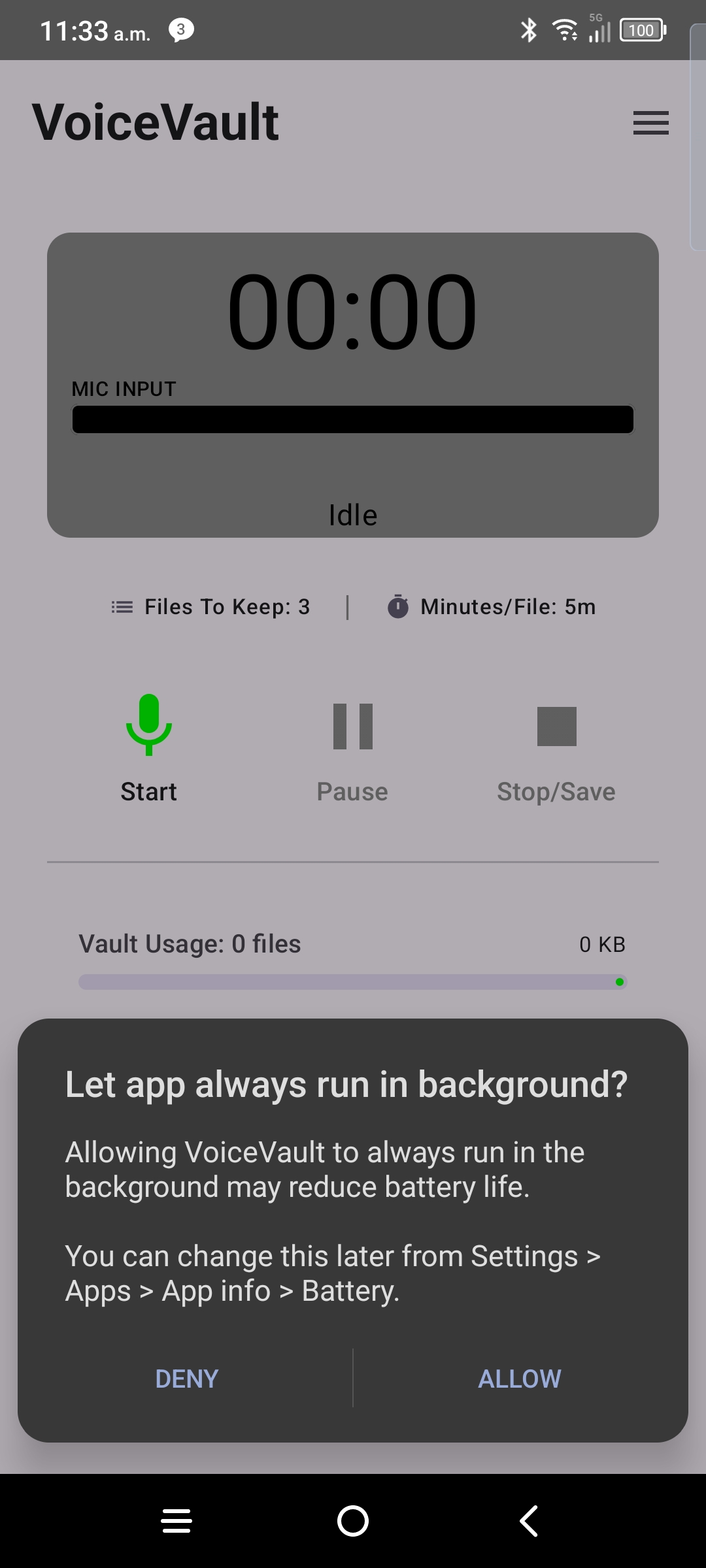 Background permission dialog for VoiceVault