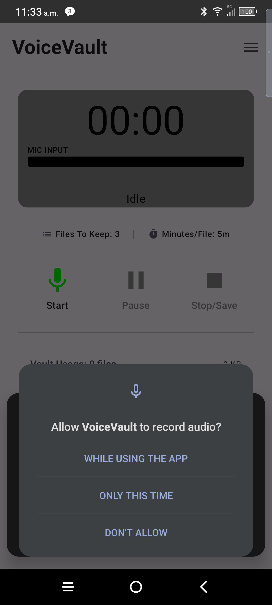 Android microphone permission dialog for VoiceVault