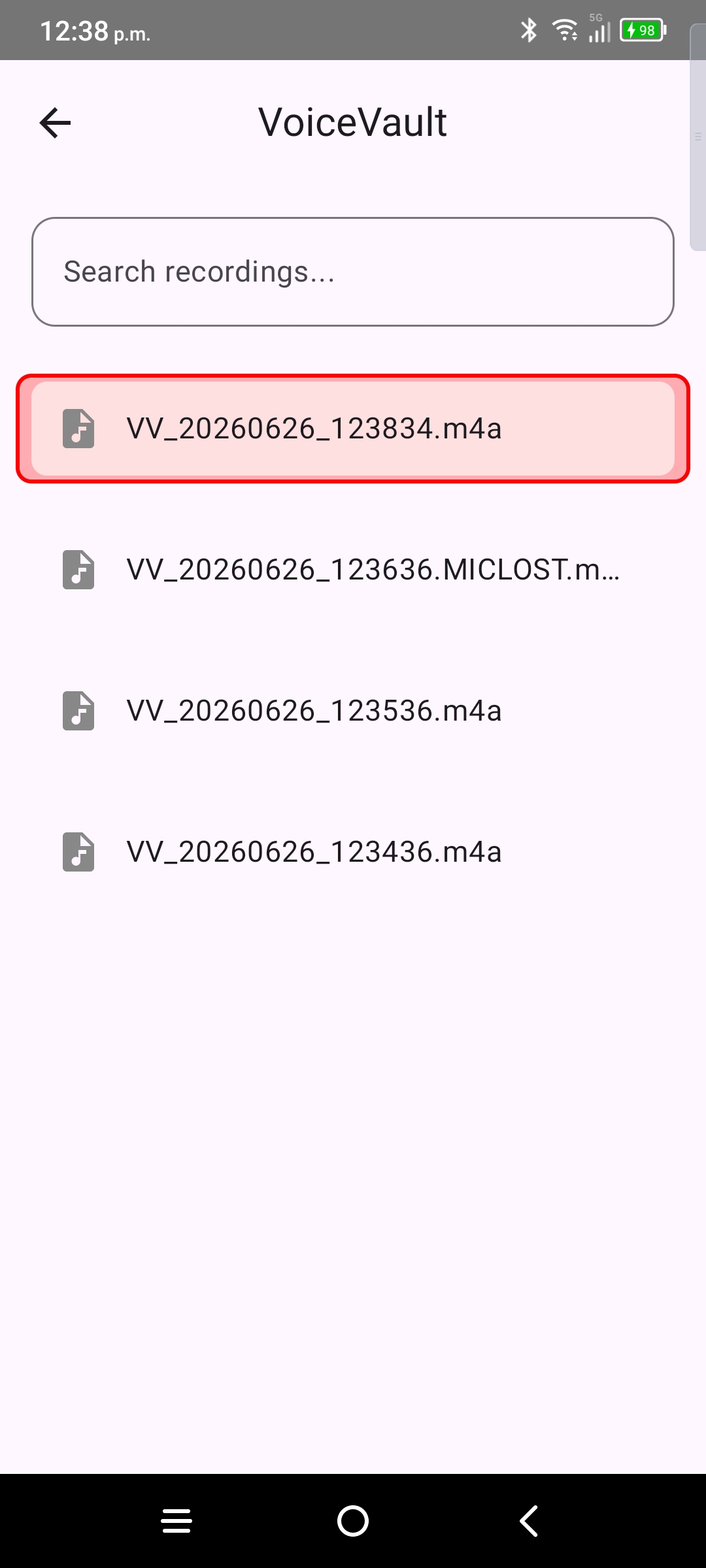 VoiceVault vault with active recording at top